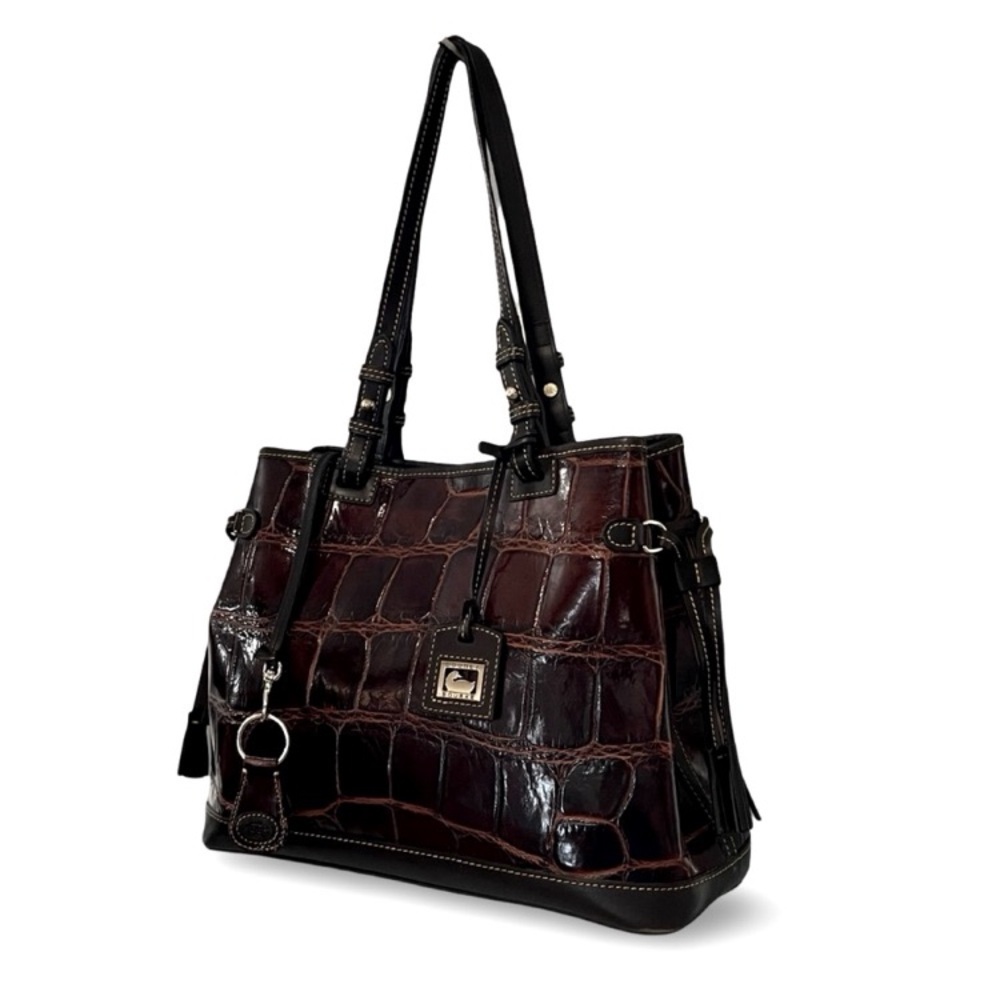 Dooney & Bourke Croco Embossed Genuine Leather Double Strap Tassel Bag Satchel